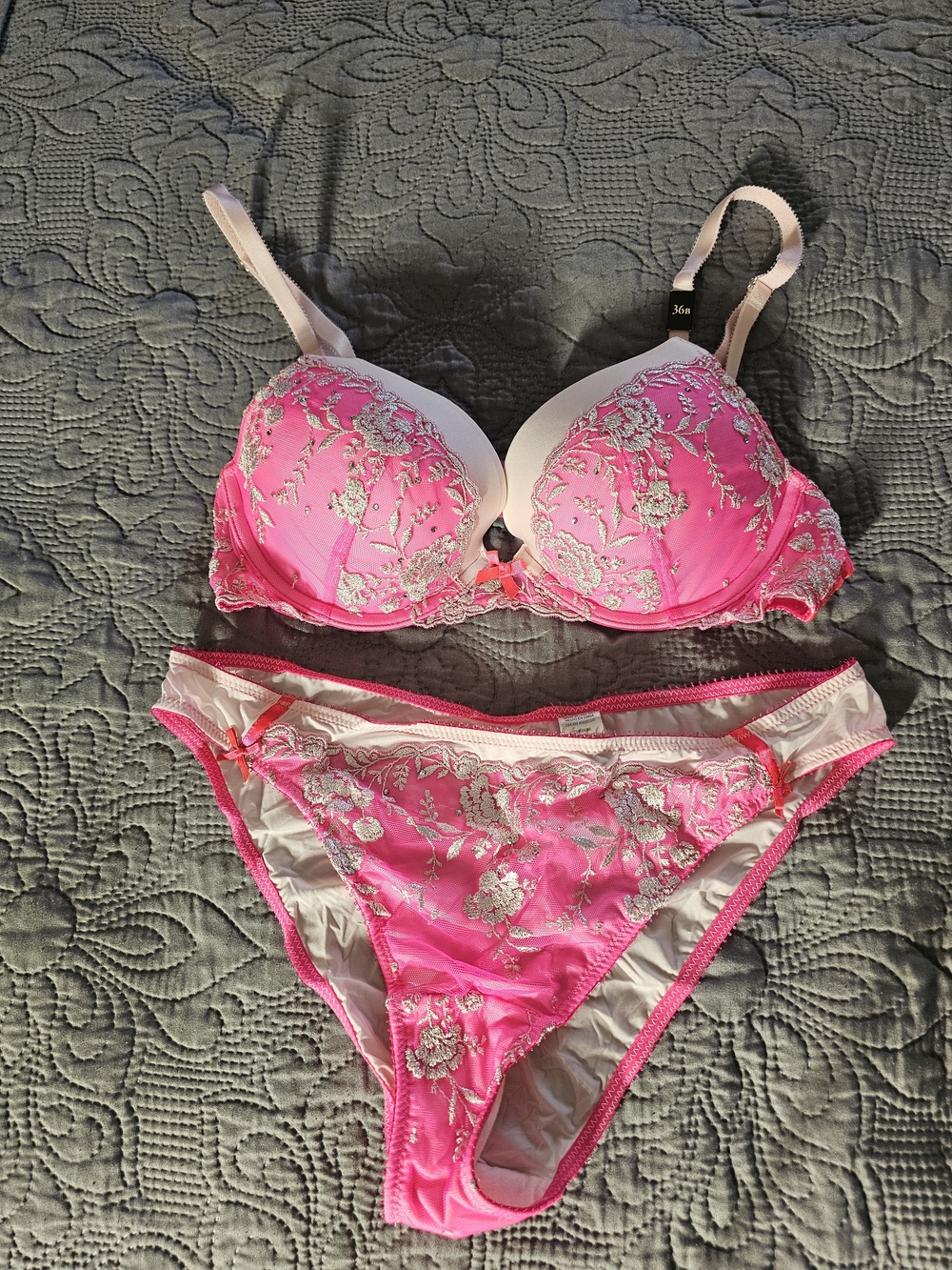 Victoria's Secret Hot Pink & Silver Embroidered Bra and Panty Set